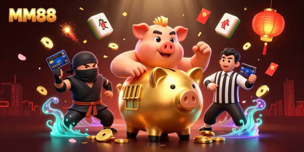 Engage with MM88's exciting gaming scene featuring a dynamic sumo wrestler and ninja characters.