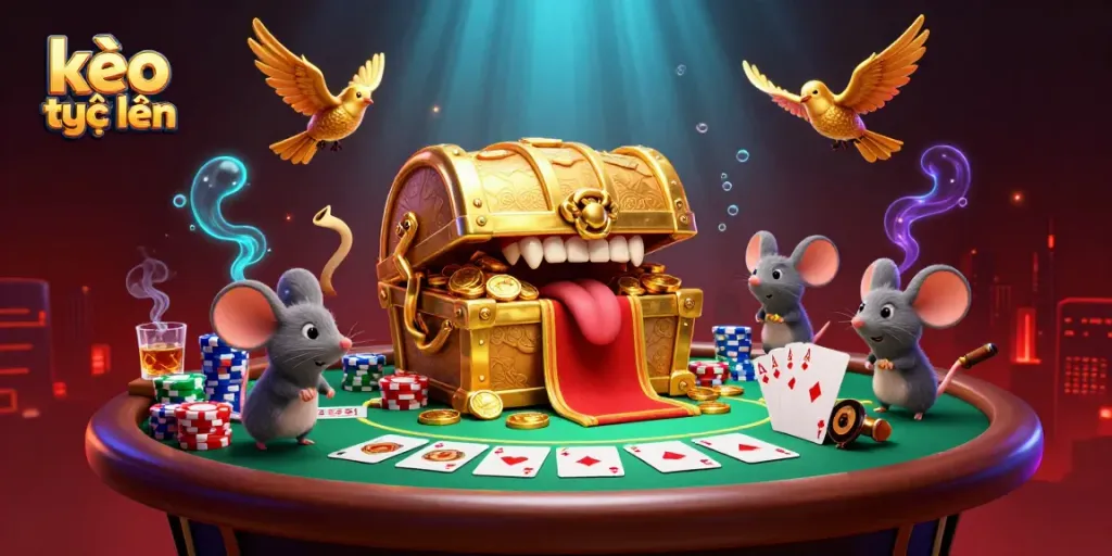 Engage in kèo trực tuyến betting with golden treasure chest amid poker chips and cards, capturing excitement.