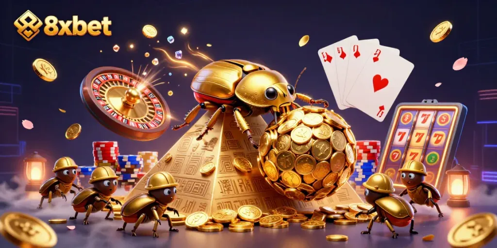 Engage with exciting gaming experiences at 8xbet while a golden dung beetle rolls coins.
