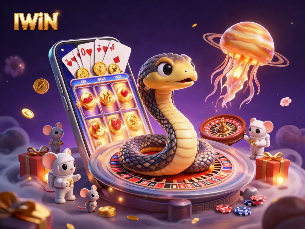 IWIN players bet on a cosmic roulette wheel scene, featuring a Saturn snake and golden jellyfish dealer.