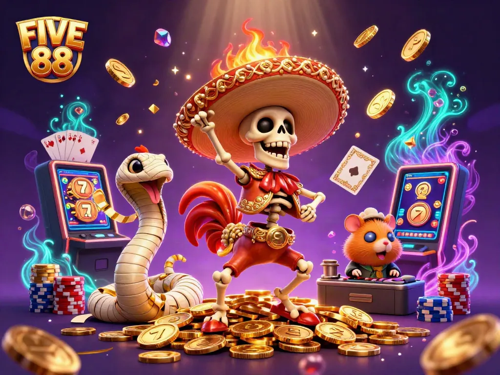 FIVE 88 showcases a vibrant casino scene with a lively mariachi rooster, mummy snake, and DJ hamster.