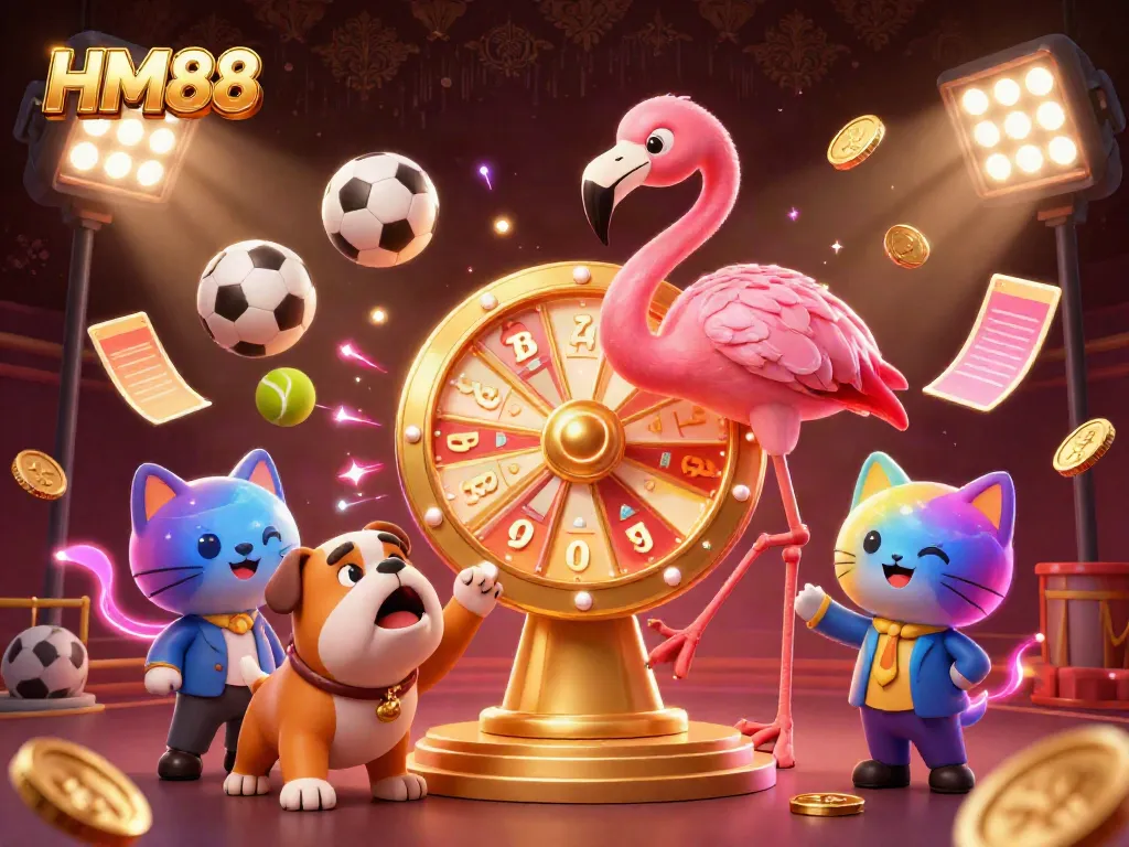 Experience the excitement at HM88 with a game show host, a bulldog, and a cat assistant amidst dynamic casino elements.