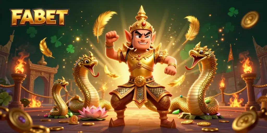 Engage in thrilling gameplay with FABET's vibrant casino guardians surrounded by gold coins and rewards.