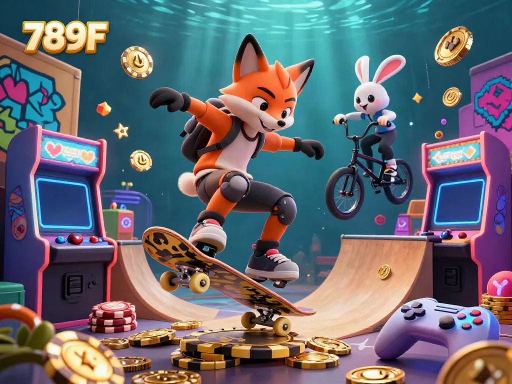 Experience thrilling gameplay with 789F as a cartoon fox performs tricks over golden poker chips in a vibrant casino scene.