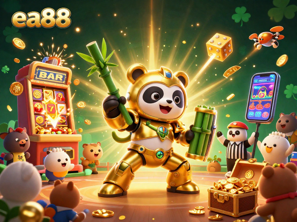 Join the fun with ea88 as a golden panda battles for jackpots in an exciting casino arena.