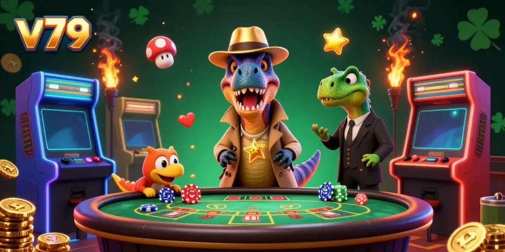 Experience thrilling blackjack action with v79 as a velociraptor card counter steals the show amidst colorful casino games.