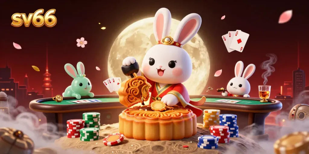 Engaging sv66 casino scene with a moon rabbit and poker elements, showcasing a playful gambling atmosphere.