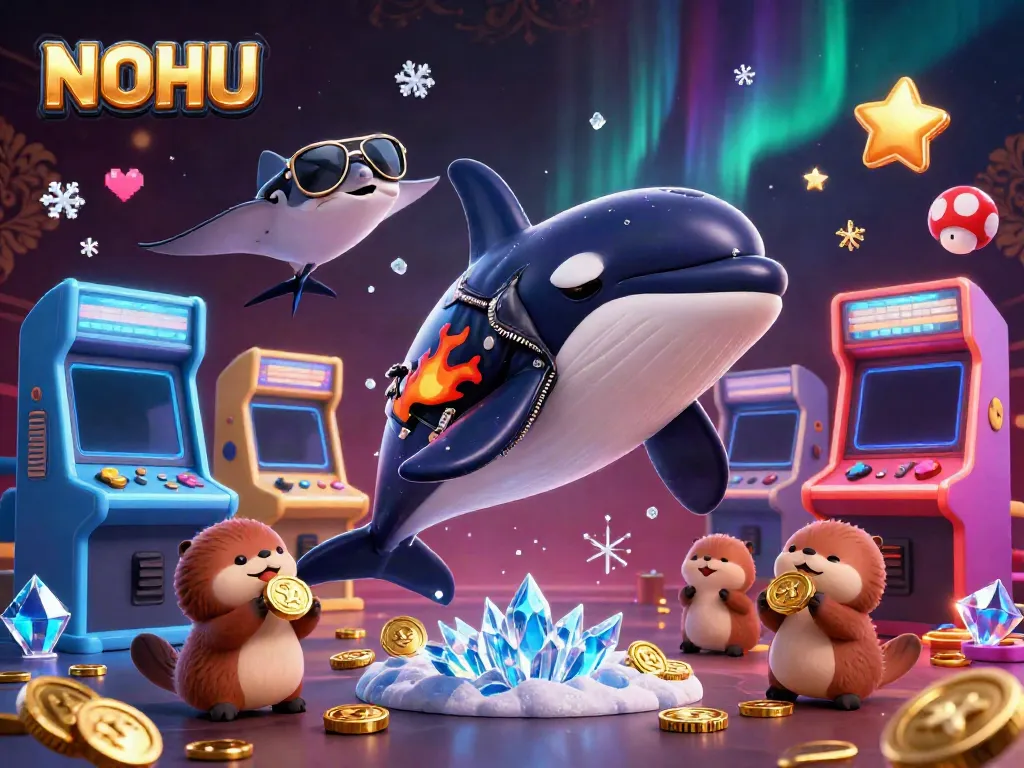 Experience thrilling gameplay at NOHU featuring an orca whale, stingray, and otter family with golden coins.