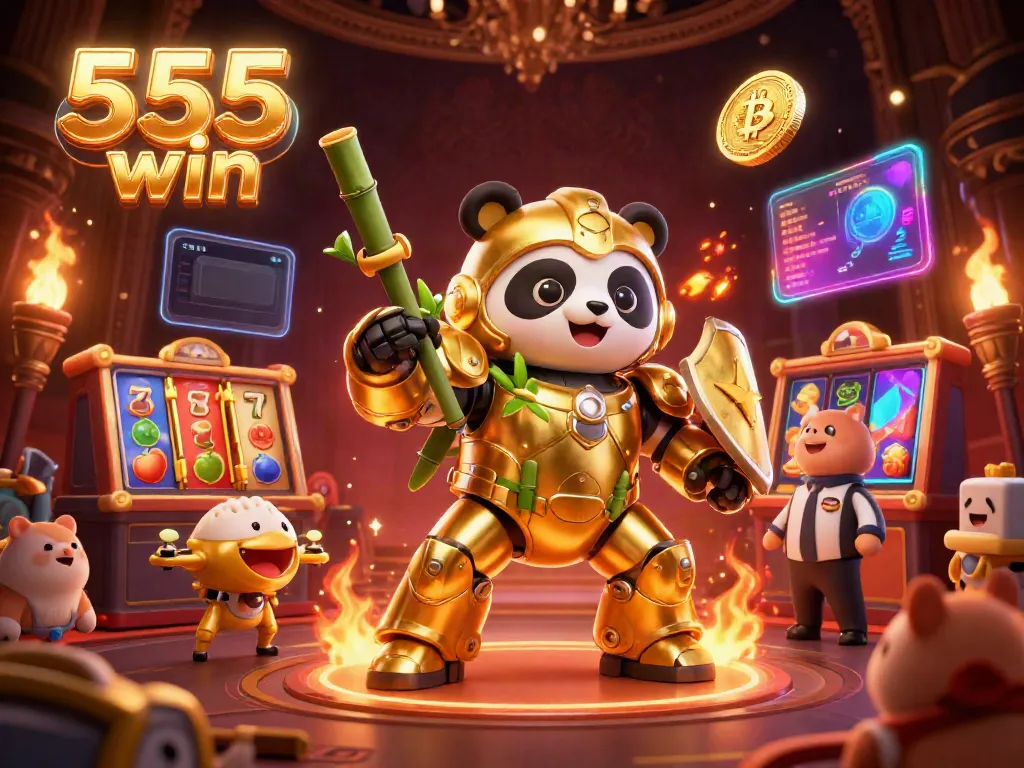 Experience the excitement of 555 win with vibrant slot reels and digital elements in a dynamic casino arena.