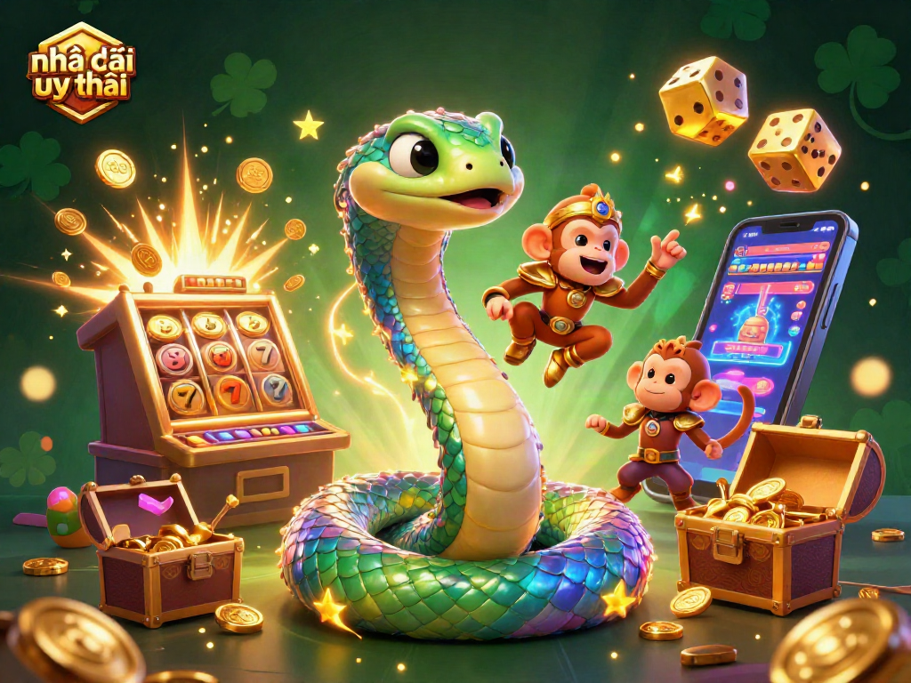 Experience the thrill of Nhà cái uy tín with a vibrant casino scene featuring a slot machine, golden serpent, and monkey king.