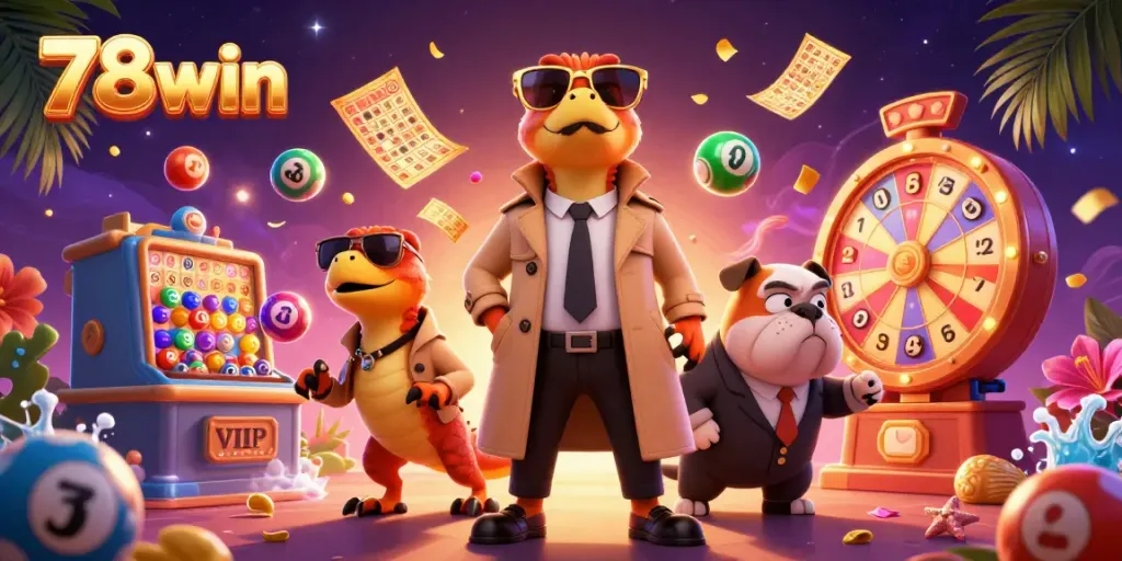 Experience the excitement of 78win as cartoon raptors hilariously attempt VIP entry while colorful lottery elements burst around them.