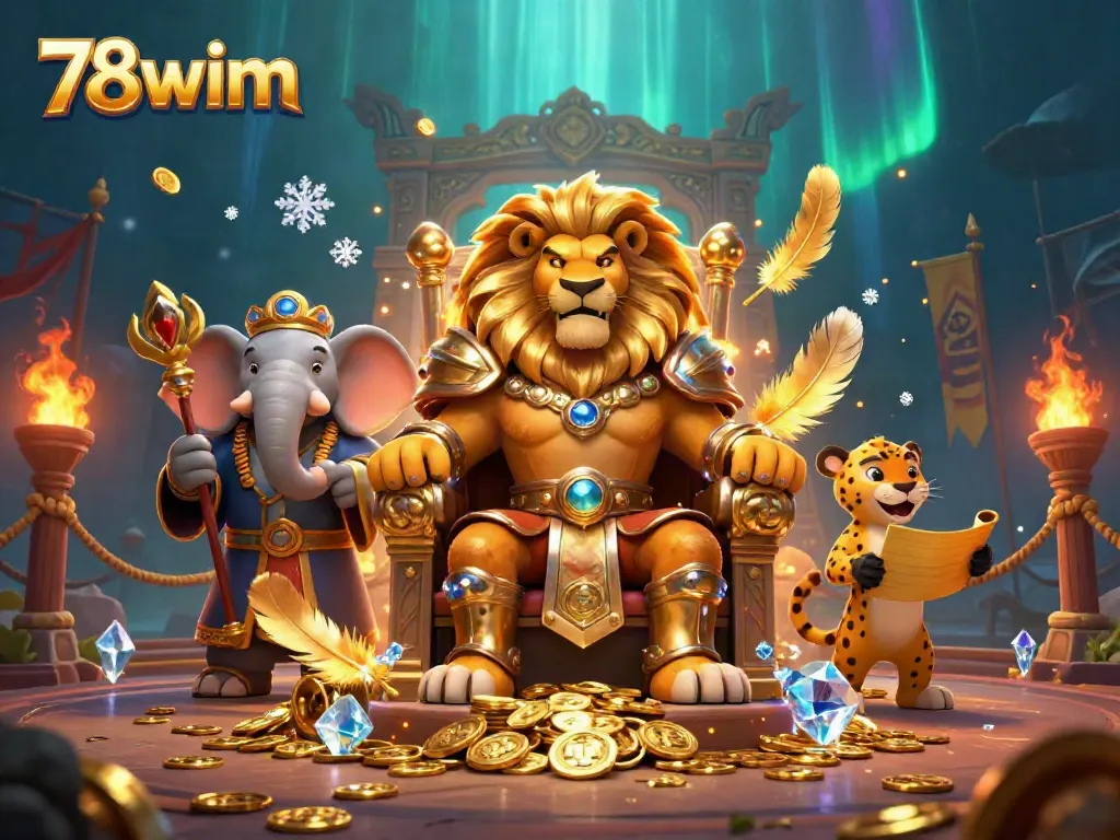 Experience the excitement of 78wim with a vibrant 3D illustration of a lion king on a gold coin throne, flanked by allies.