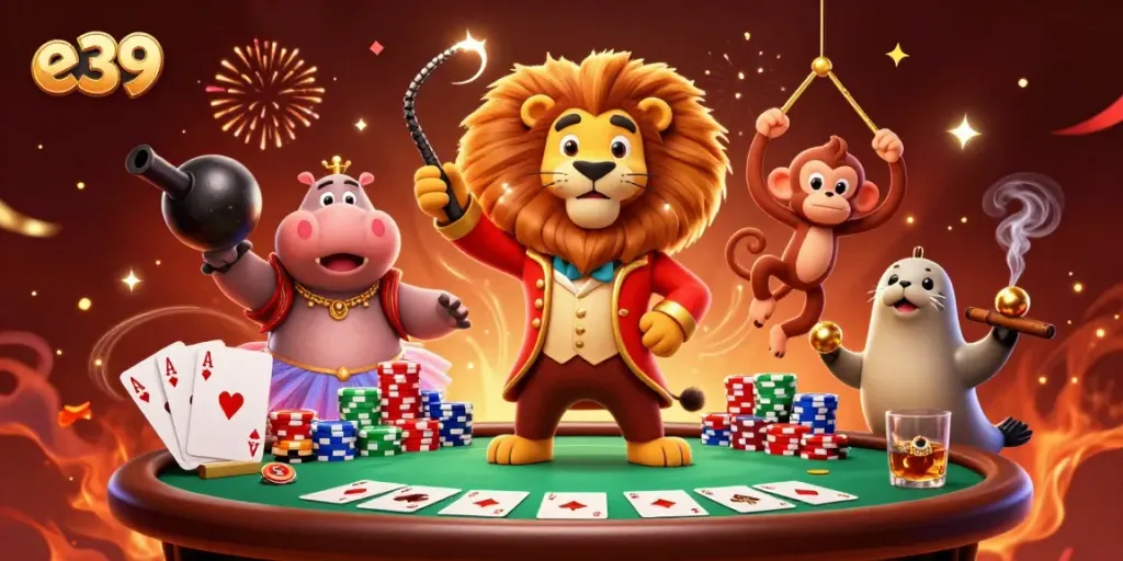 Experience top-tier gaming action with e39 in this vibrant illustration of a circus-themed casino scene.