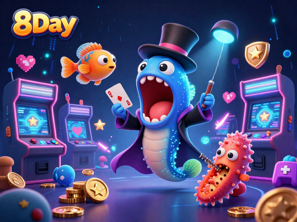 8Day showcases a vibrant underwater casino scene with engaging characters performing magic tricks.