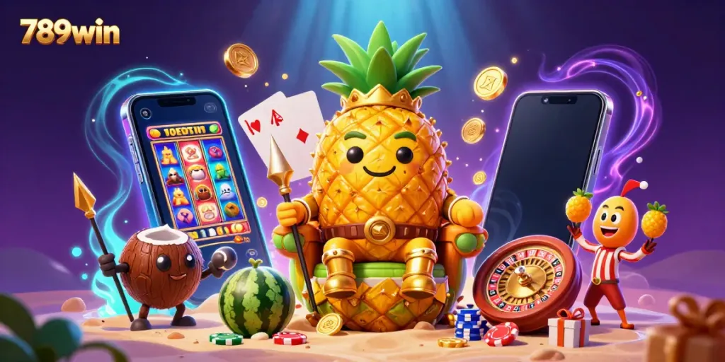 Experience excitement with 789win's vibrant casino scene featuring a golden pineapple king and games.