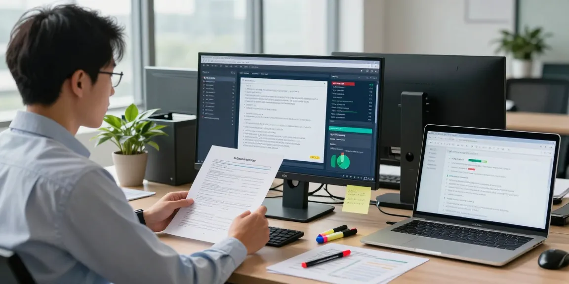 Workspace for document fraud detection analysis including digital displays and compliance materials.