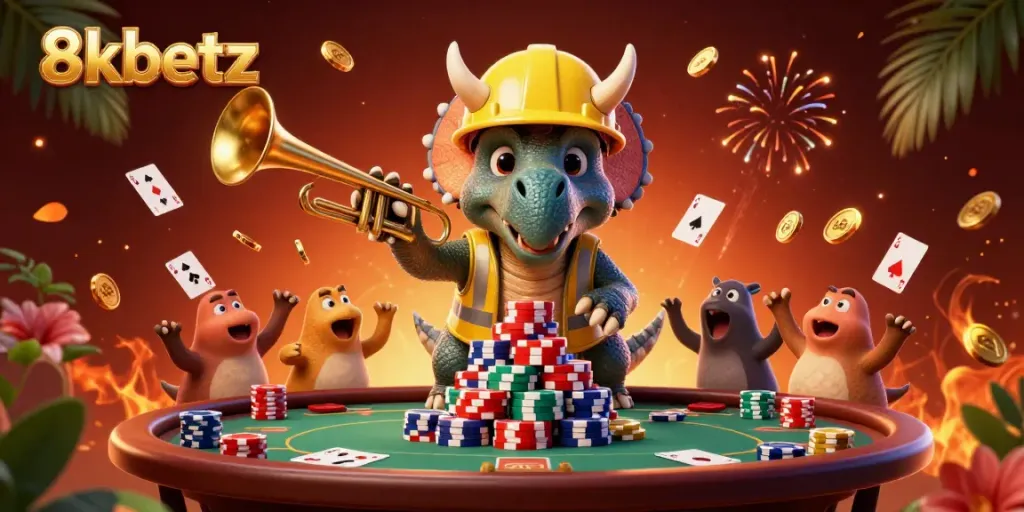 Join the excitement at 8xbetz with a dynamic scene featuring 3D characters celebrating casino wins.