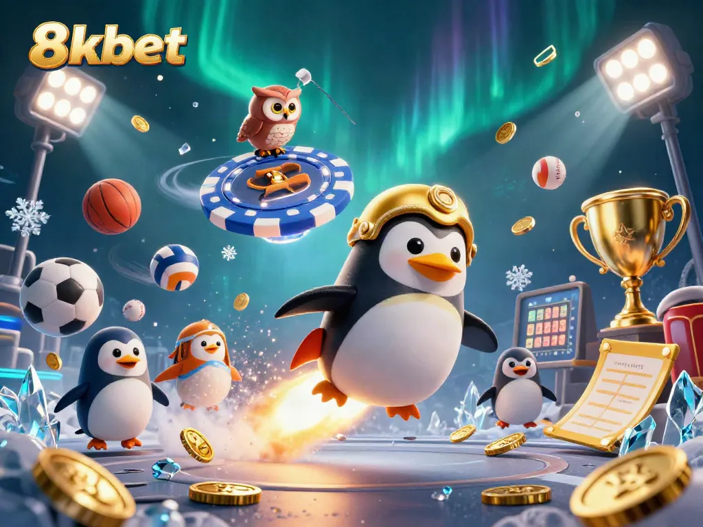 Experience thrilling gaming with 8xbet, as a golden penguin blasts through a casino-themed cosmos.
