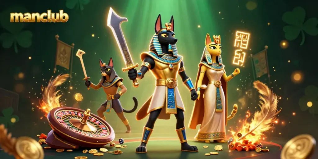Experience thrilling gaming action at manclub with Anubis and Bastet in a vibrant casino scene.