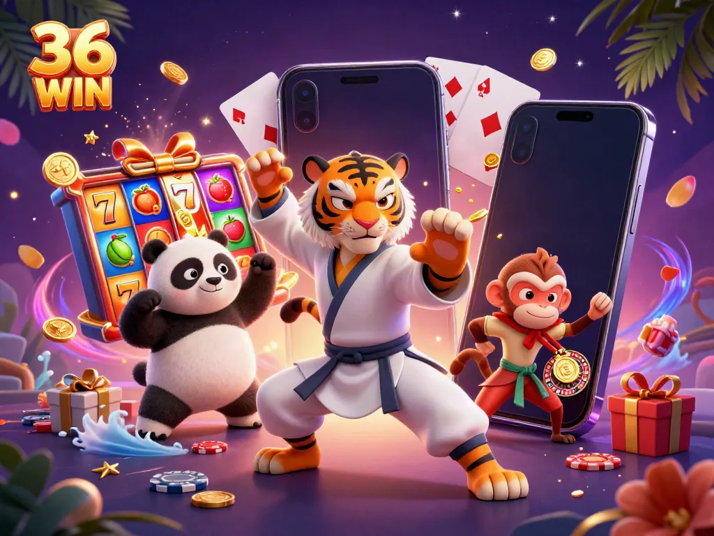 Experience thrilling gameplay at 36 WIN with a vibrant scene of cartoon characters amidst slot reels and casino elements.