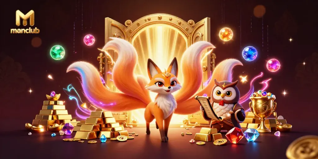 Experience excitement at manclub with a whimsical fox spirit and treasures galore in this vibrant casino scene.