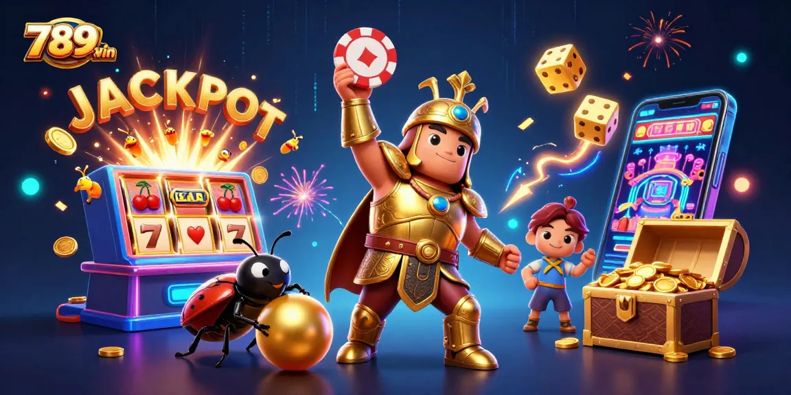 Engage with 789win in this vibrant casino scene, featuring a heroic beetle winning big at slots.