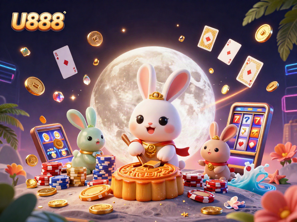 Engage with U888 as the moon rabbit reveals poker chips from mooncakes amidst dynamic casino elements.