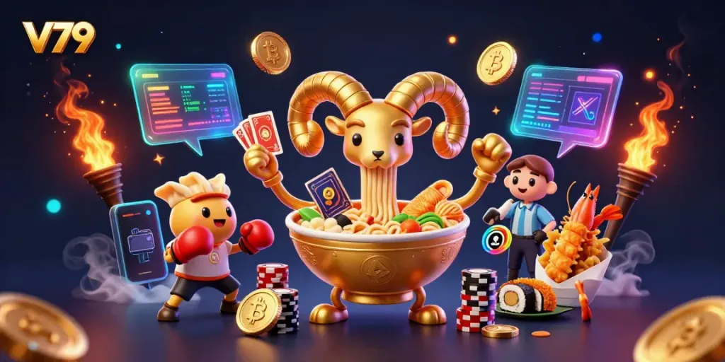Experience the thrilling V79 casino game world with vibrant 3D characters and crypto elements.