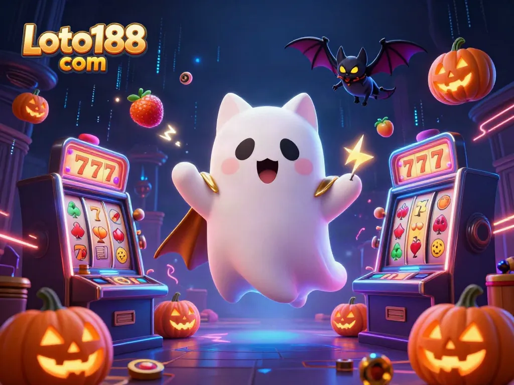 Explore thrilling gameplay at Loto188 com with a spooky casino scene featuring a ghost cat and dynamic game elements.
