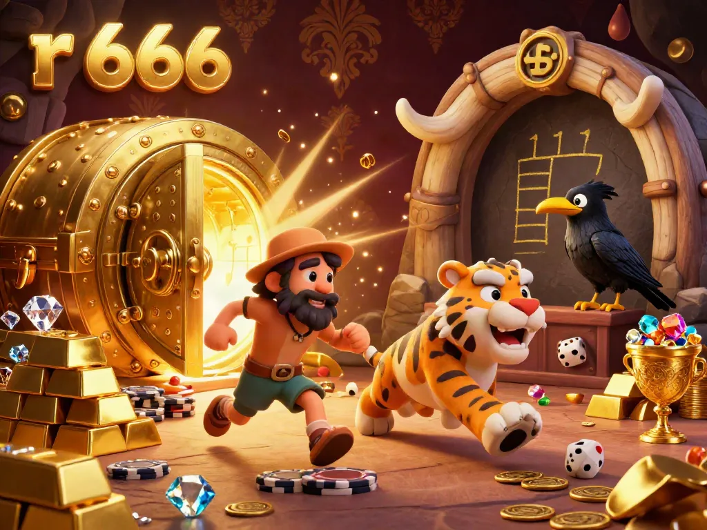 Experience thrilling gameplay at r 666 in this dynamic prehistoric casino scene with vibrant treasures.
