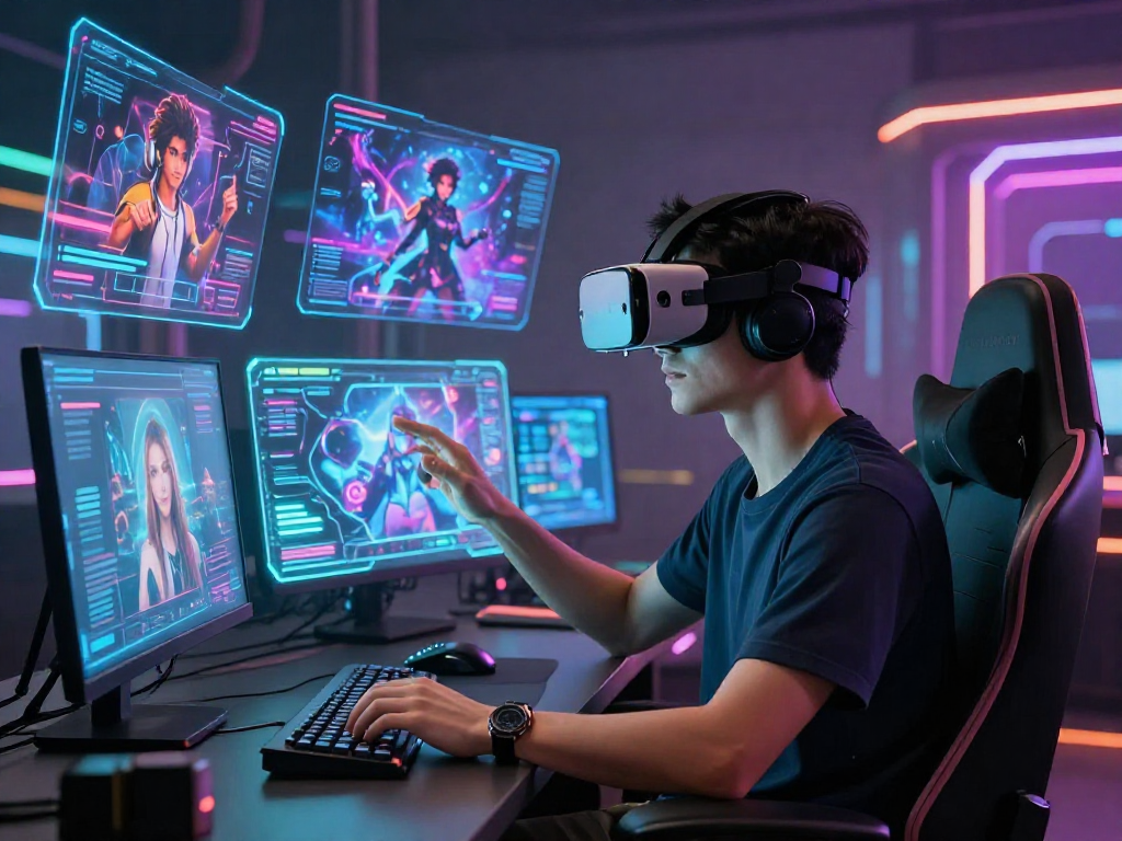 Engaging AI roleplay scene featuring a user in a VR headset with holographic avatars and interactive interfaces in a vibrant virtual landscape.