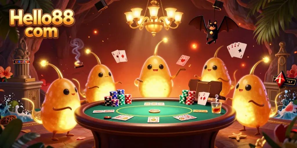 Experience thrilling moments with Hello88 com in this vibrant casino scene filled with glowworms and poker action.