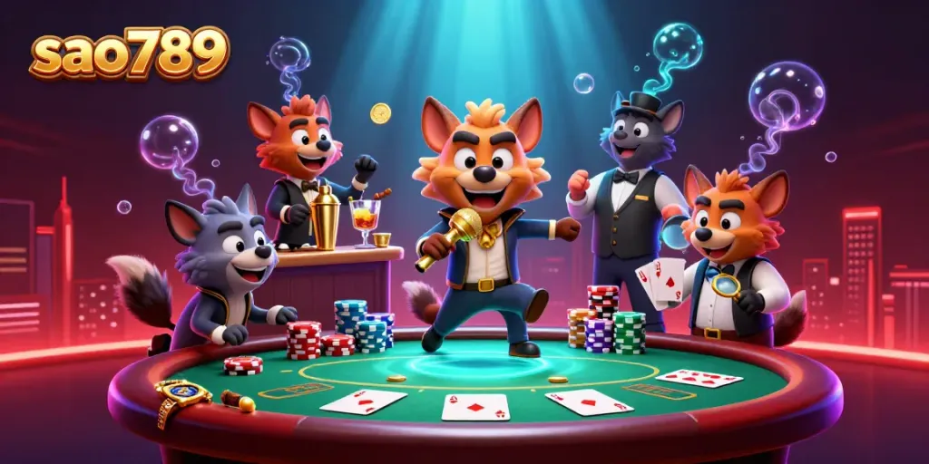 Join the fun at sao789 with lively hyenas in a casino setting, showcasing exciting gambling elements.