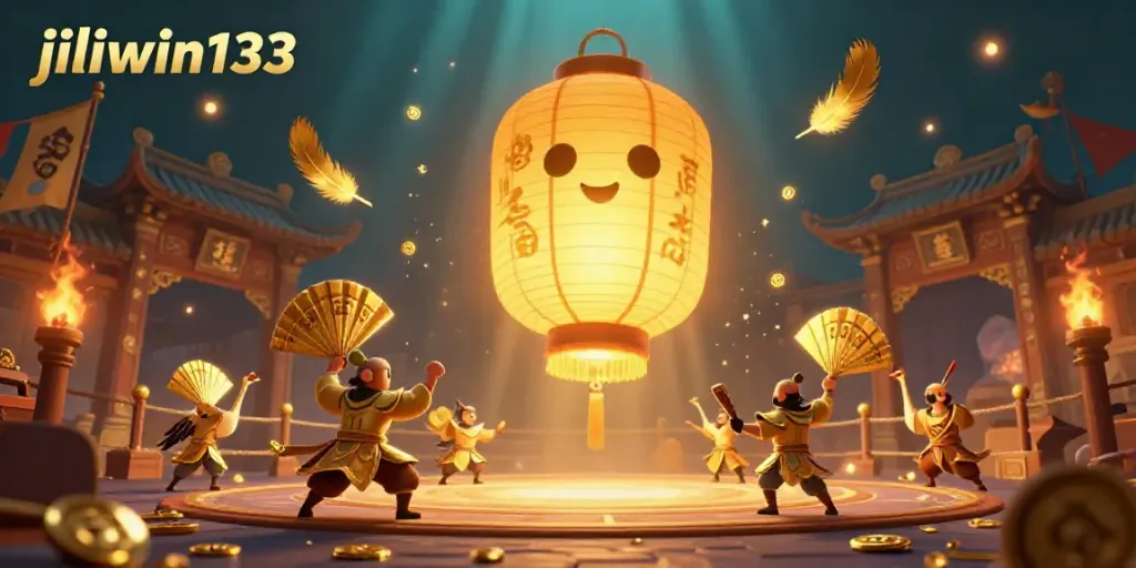 Engage with the jiliwin133 vibrant casino scene featuring a golden lantern spirit, paper fan warriors, and lucky symbols.