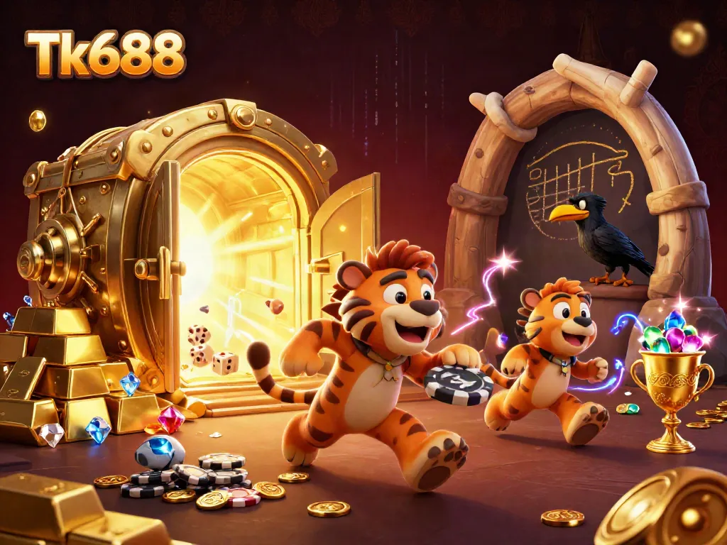 Experience Tk688's thrilling gaming environment with its vibrant cartoon caveman and tiger duo at a prehistoric casino.