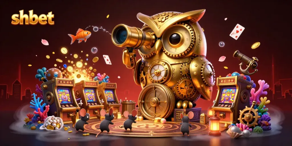 Play exciting games at shbet with a whimsical owl surveying a lively casino atmosphere.