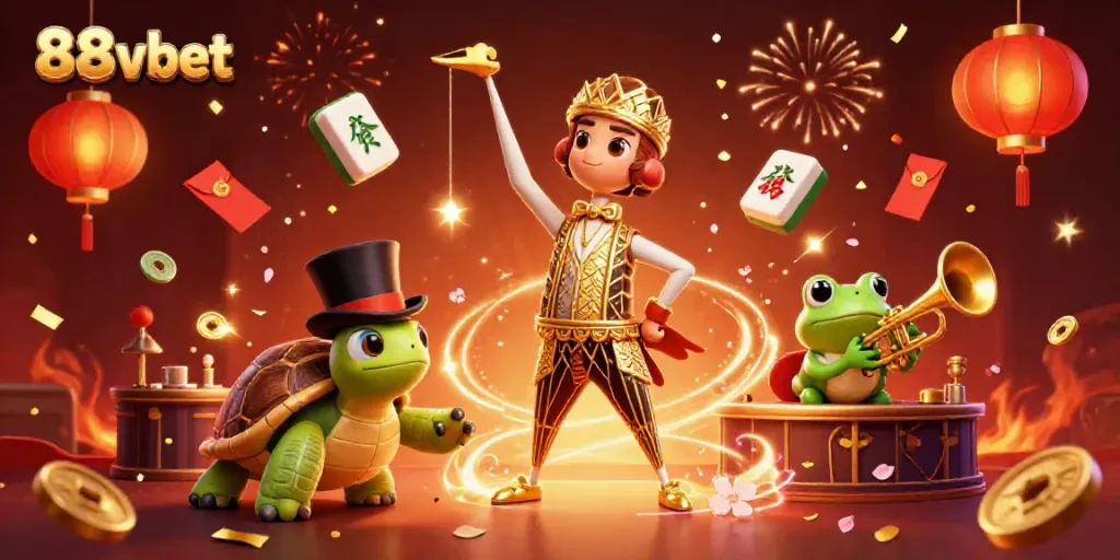 Experience thrilling games at 88vbet with vibrant 3D illustrations of casino elements and characters.