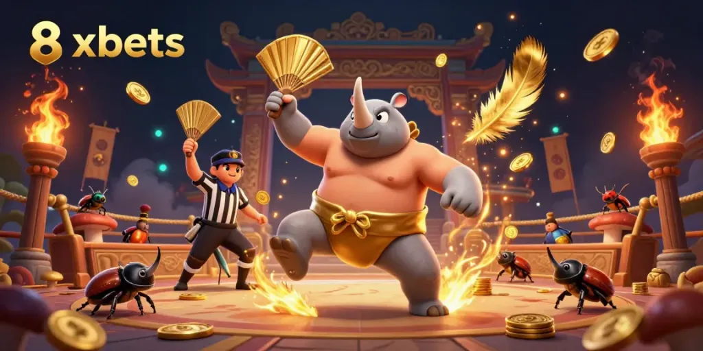 Engage in thrilling betting action with 8xbets featuring a sumo champion beetle amidst coins and vibrant casino imagery.