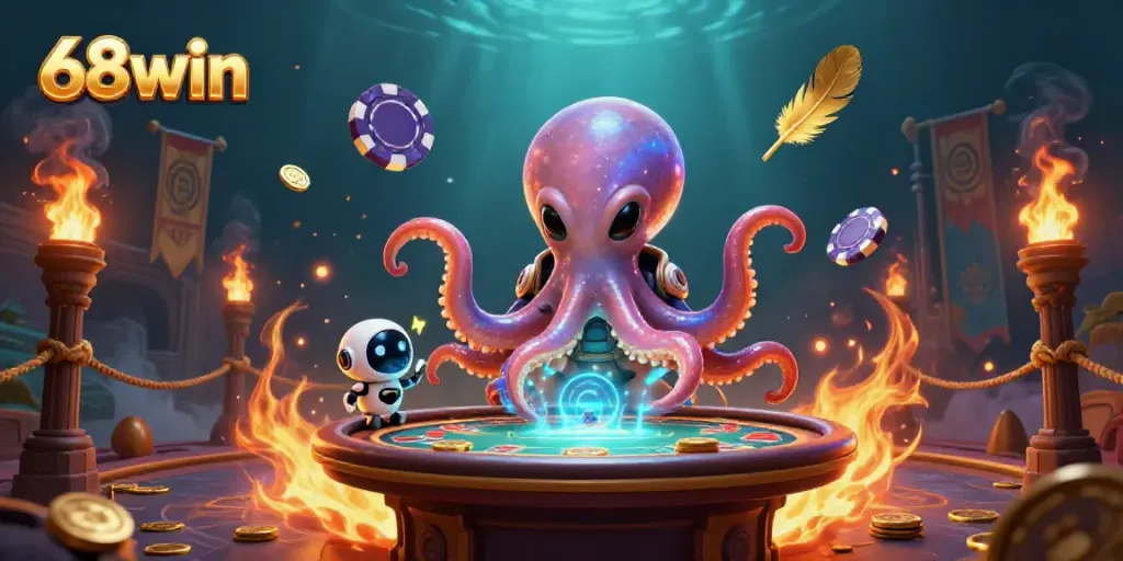 68win alien octopus deals cards at a holographic poker table in an energetic casino scene.