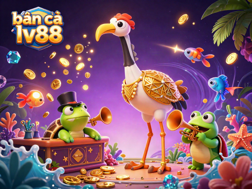 Bắn cá lv88 showcases vibrant underwater action with a cartoon crane, turtle, and frog amidst sparkling gems and golden coins.