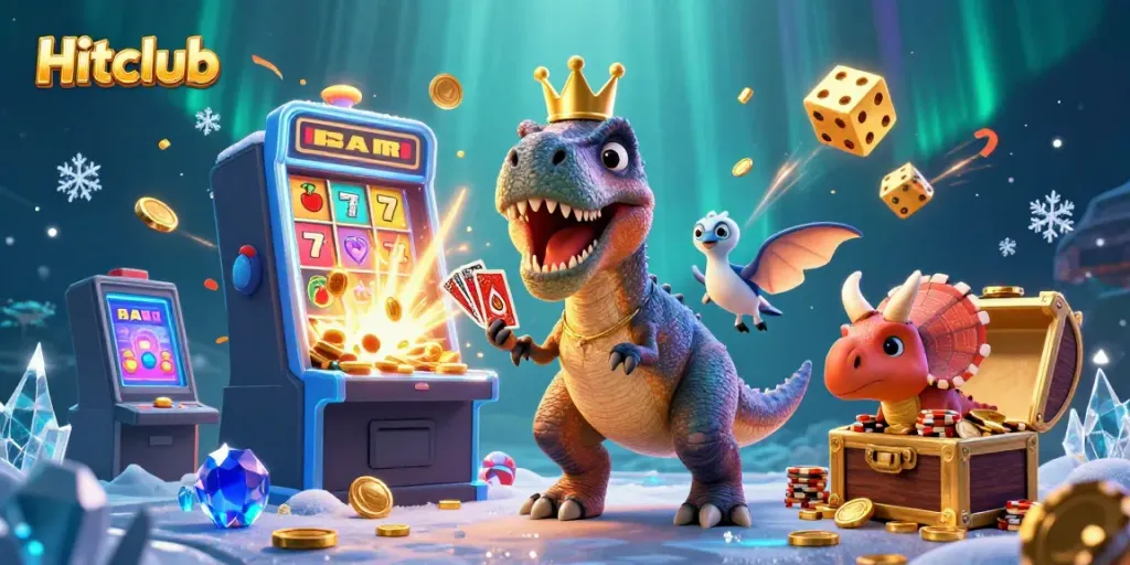 Hitclub showcases a vibrant 3D scene with a T-Rex, pterodactyl, and triceratops in a casino filled with jackpots and excitement.