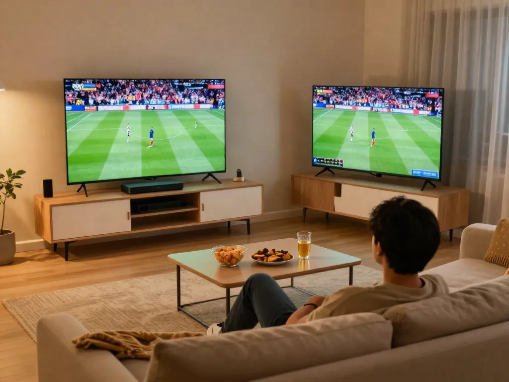 Miglior IPTV streaming setup in a cozy living room, showcasing a 4K TV and a person enjoying a sports game.