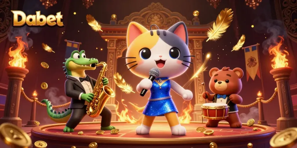 Dabet players winning with a vibrant casino atmosphere featuring a jazzy cat singer, crocodile saxophonist, and a bear cub drummer.