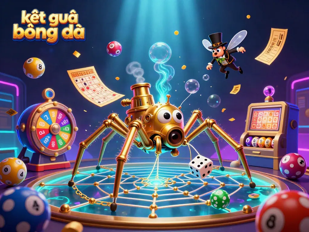 Experience kết quả bóng đá with a vibrant 3D illustration showcasing a steampunk spider catching dice amid lottery excitement.