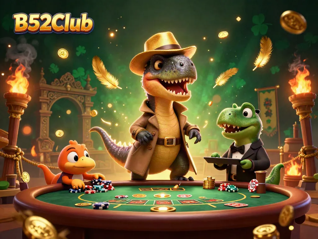 Engage with thrilling B52Club moments featuring a velociraptor, stegosaurus, and compy at a blackjack table.
