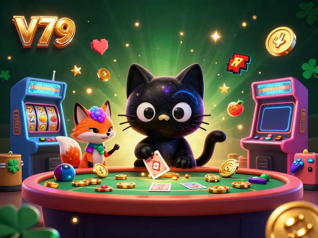 Engage with V79's vibrant cosmic casino experience featuring whimsical characters and interactive game elements.