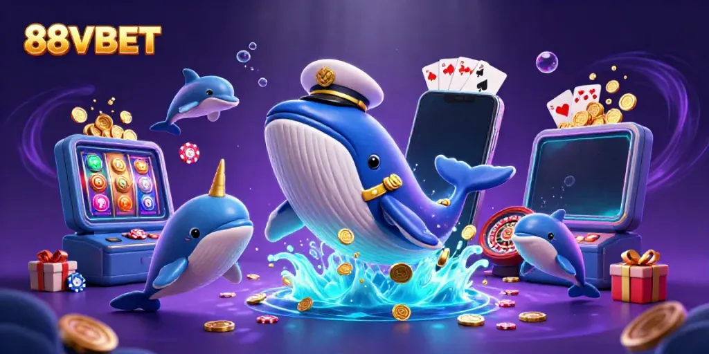 Play exciting casino games with 88VBET in this vibrant ocean scene featuring whales and poker chips.