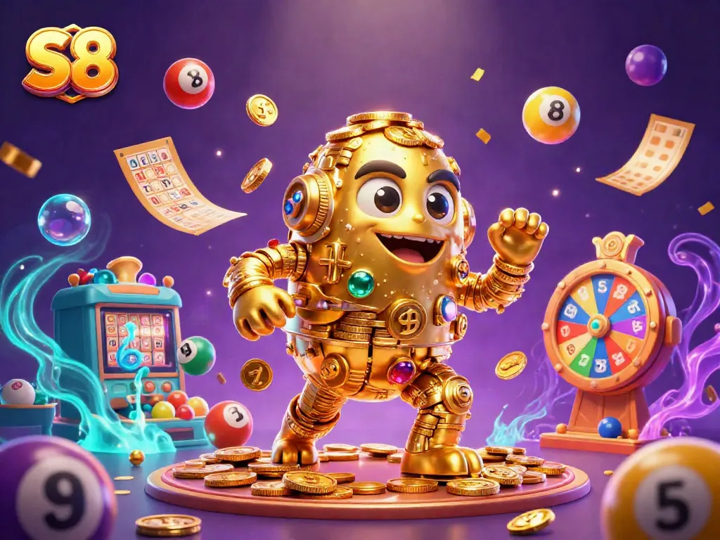 Experience S8 online gaming with a vibrant 3D scene of games, golden symbols, and colorful elements.