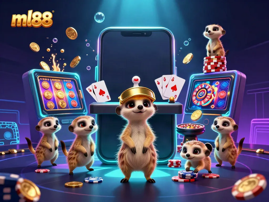 Experience the excitement of ml88 as meerkats animate a bustling casino scene filled with vibrant games and action.