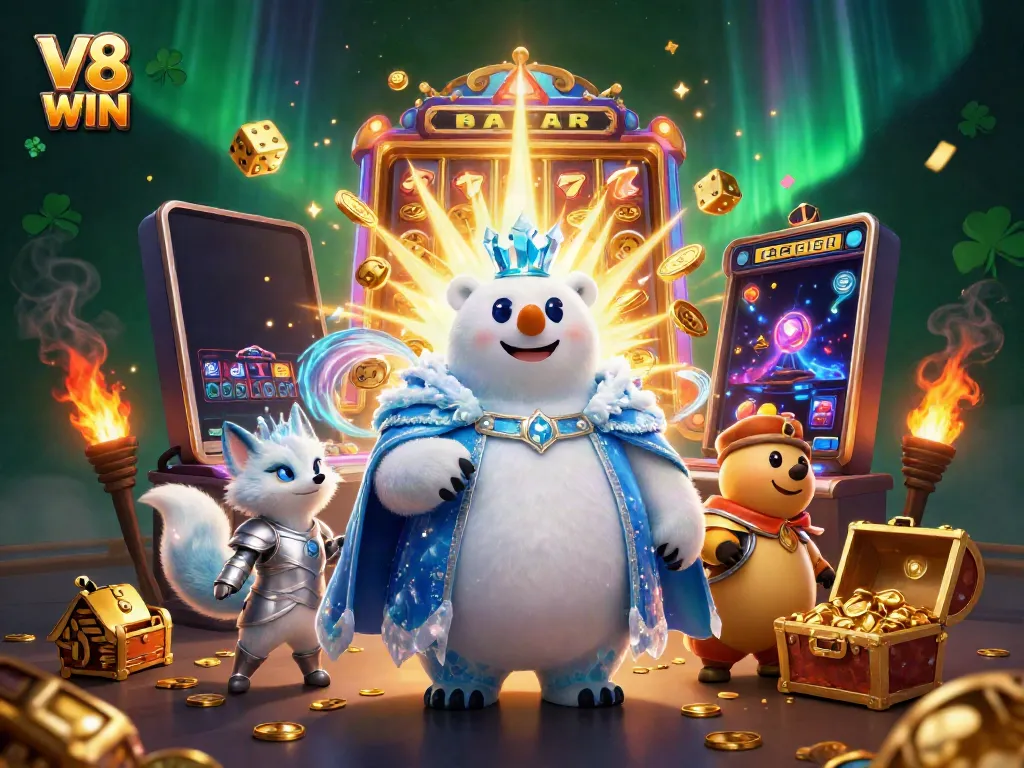 Spin to win with the V8 WIN jackpot scene featuring animated slot machine and golden treasures.